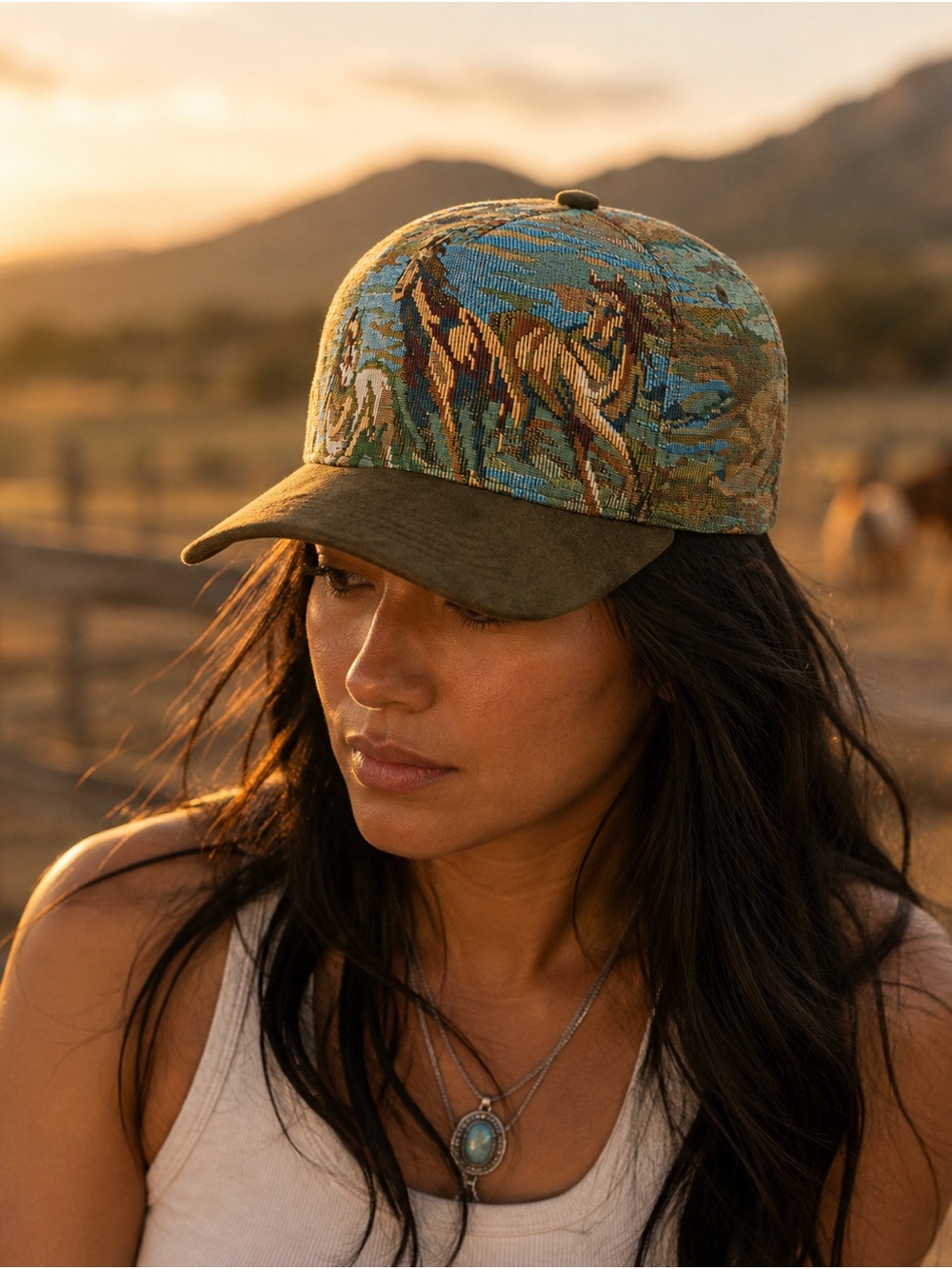Tapestry-Pattern Trucker Cap with Olive Suede Brim